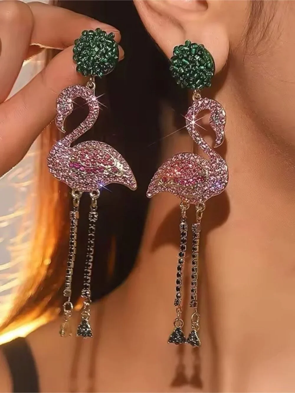 Pink Flamingo Drop Earrings with Green Beaded Tops